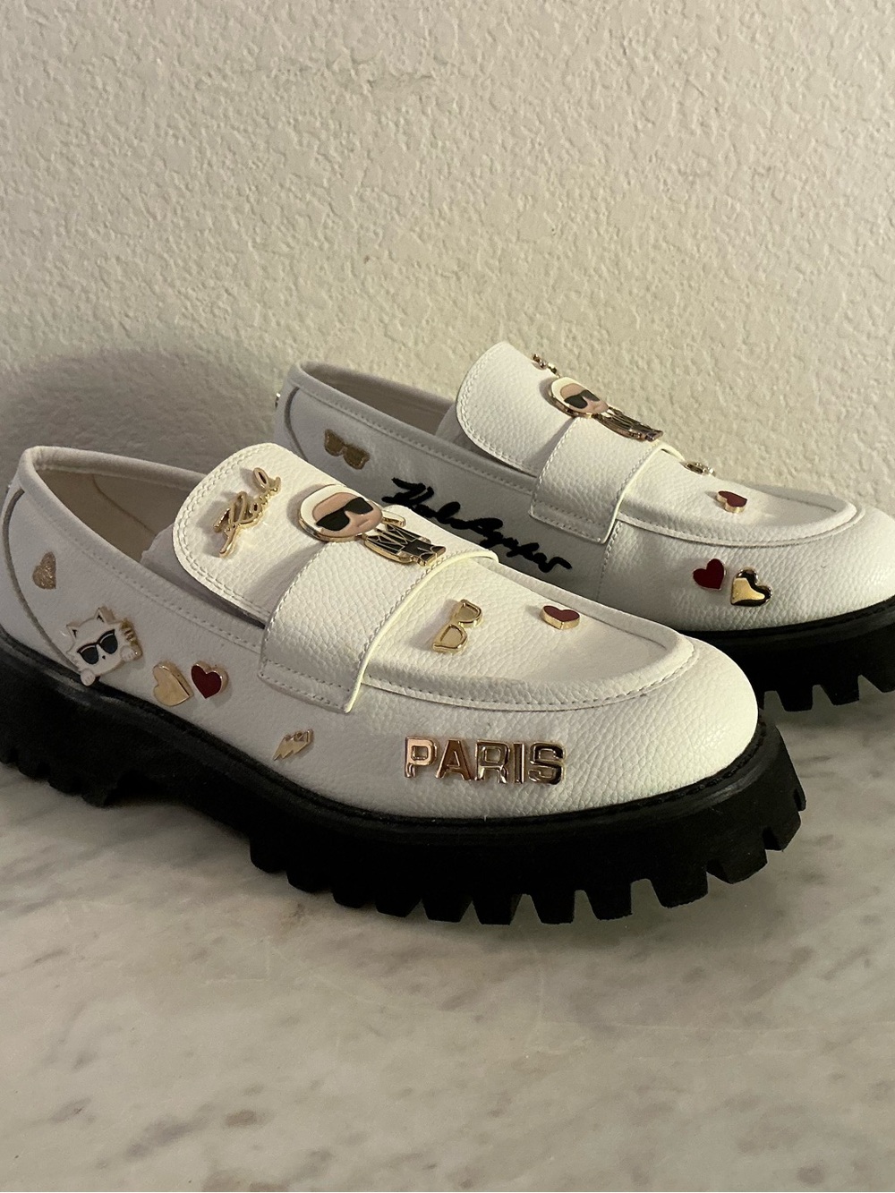 Karl Lagerfeld “GASTON” White Paris Embellished Lug Sole Loafers